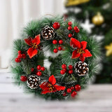 Coronita pentru Craciun Vivimall, diametru 32 cm, din brad artificial, decorata cu conuri si merisoare, 3 Funde Rosii. Verde/Alb - vivimall.ro