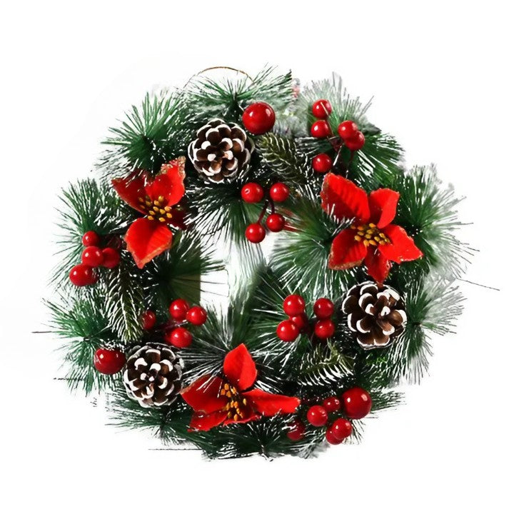 Karácsonyi koszorú, átmérője 32 cm, műfenyőből, tobozokkal és áfonyával díszítve, 3 piros masnival. /Fehér