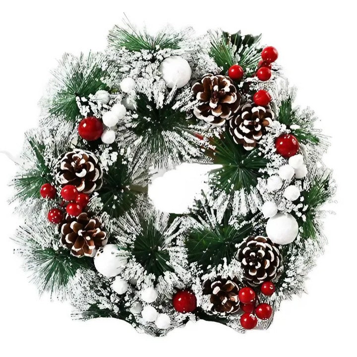 Karácsonyi koszorú, átmérője 32 cm, műfenyőből, tobozokkal és áfonyával díszítve, havas. / Fehér.