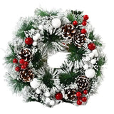 Karácsonyi koszorú, átmérője 32 cm, műfenyőből, tobozokkal és áfonyával díszítve, havas. / Fehér.