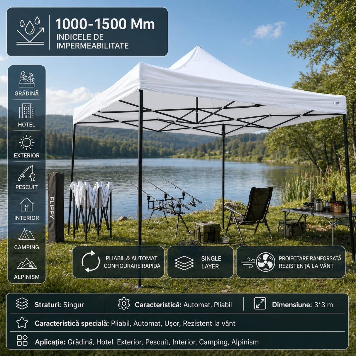 Detaliu structură metal ranforsat cort pavilion Flippy 3x3m, îmbinări robuste și mecanism de ridicare manuală