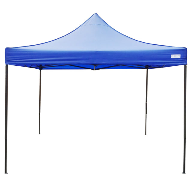 Cort pavilion pliabil Flippy 3x3m albastru, vedere frontală, cadru metal ranforsat și acoperiș poliester Oxford 420D