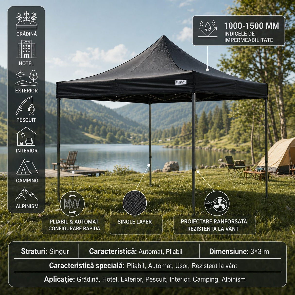 Detaliu acoperiș poliester Oxford 420D, densitate 185 g/m², cort pavilion Flippy negru