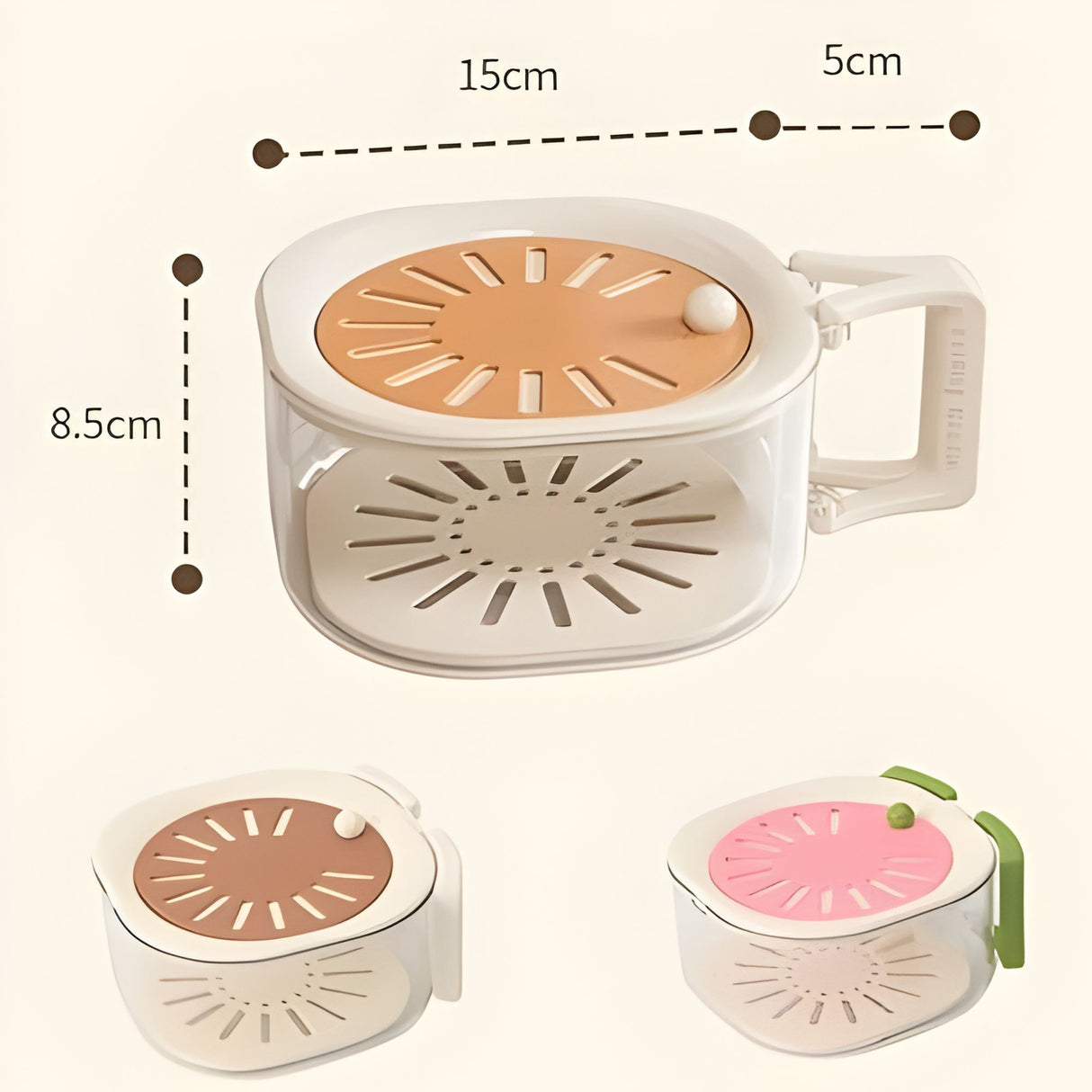 Cos de Scurgere pentru Fructe 2 in 1, Flippy, din Plastic durabil, Filtru Telescopic, Scurgator de Fructe si Legume, pentru uz Casnic, 15 x 15 x 8.5 cm, Maro/Bej - vivimall.ro