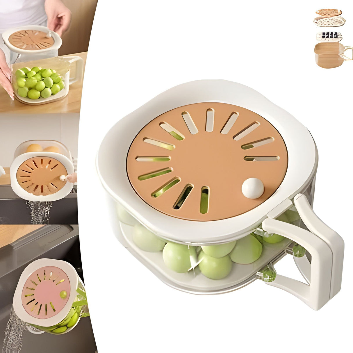 Cos de Scurgere pentru Fructe 2 in 1, Flippy, din Plastic durabil, Filtru Telescopic, Scurgator de Fructe si Legume, pentru uz Casnic, 15 x 15 x 8.5 cm, Maro/Bej - vivimall.ro