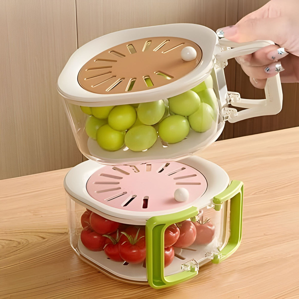 Cos de Scurgere pentru Fructe 2 in 1, Flippy, din Plastic durabil, Filtru Telescopic, Scurgator de Fructe si Legume, pentru uz Casnic, 15 x 15 x 8.5 cm, Maro/Bej - vivimall.ro