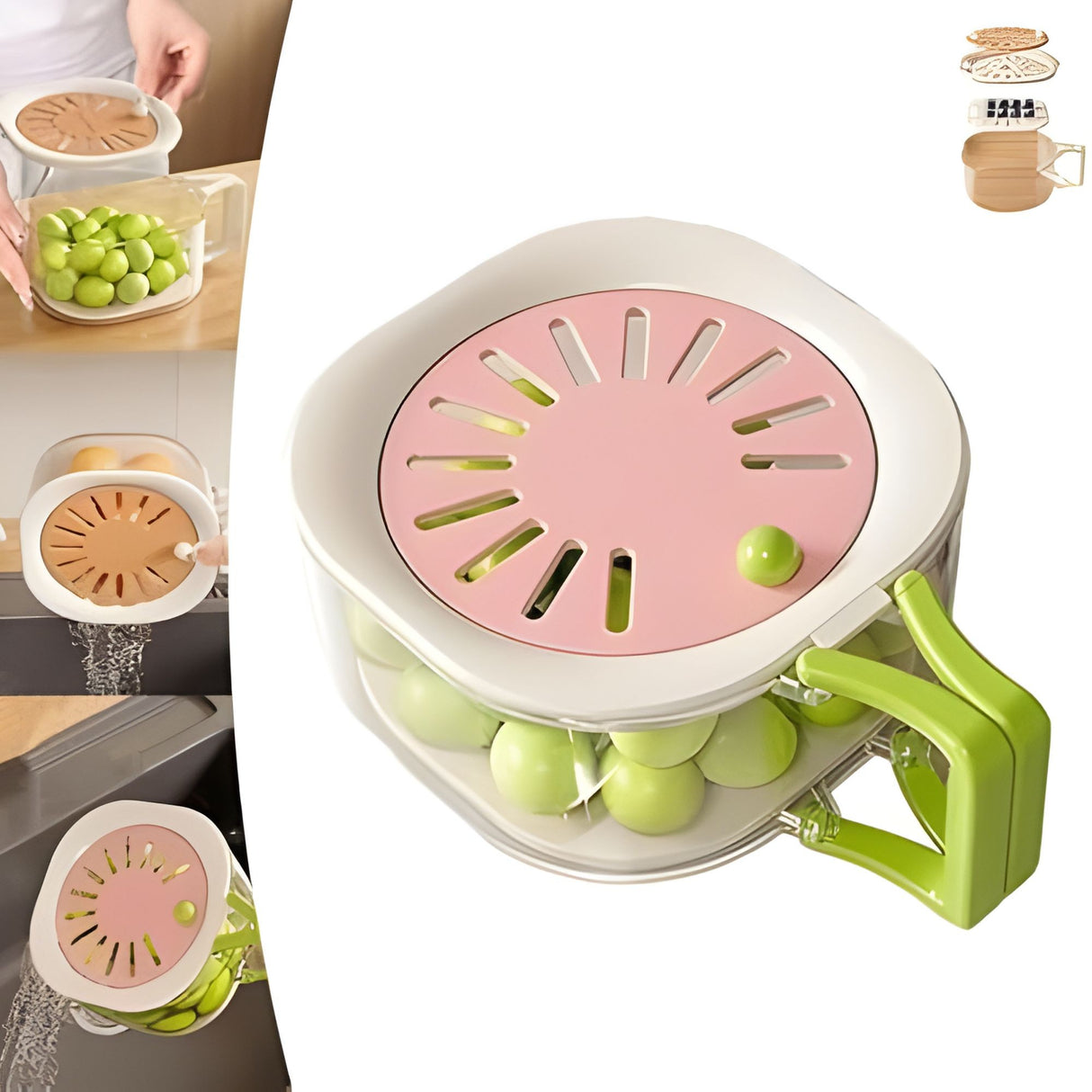 Cos de Scurgere pentru Fructe 2 in 1, Flippy, din Plastic durabil, Filtru Telescopic, Scurgator de Fructe si Legume, pentru uz Casnic, 15 x 15 x 8.5 cm, Roz/Bej - vivimall.ro