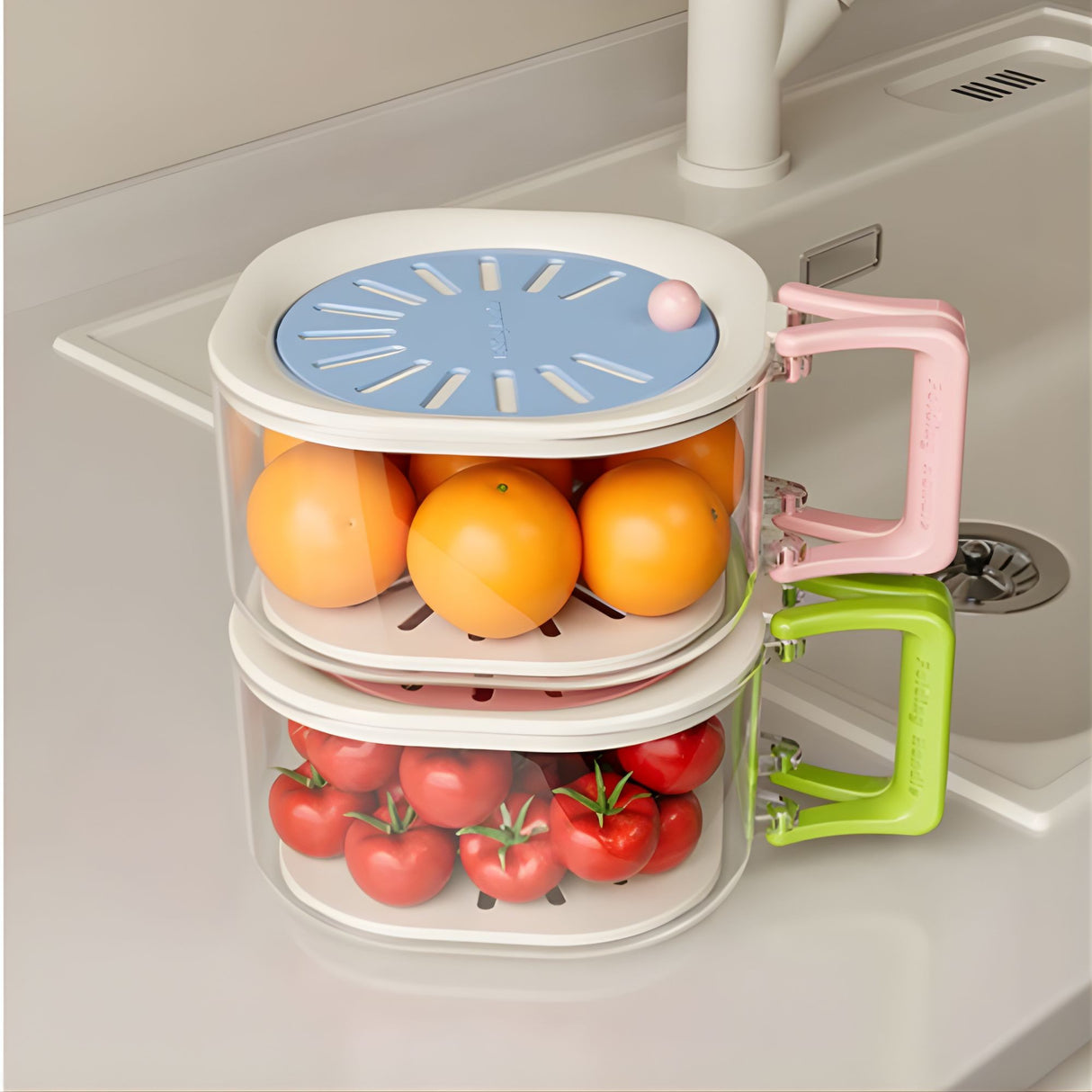 Cos de Scurgere pentru Fructe 2 in 1, Flippy, din Plastic durabil, Filtru Telescopic, Scurgator de Fructe si Legume, pentru uz Casnic, 15 x 15 x 8.5 cm, Albastru/Bej - vivimall.ro