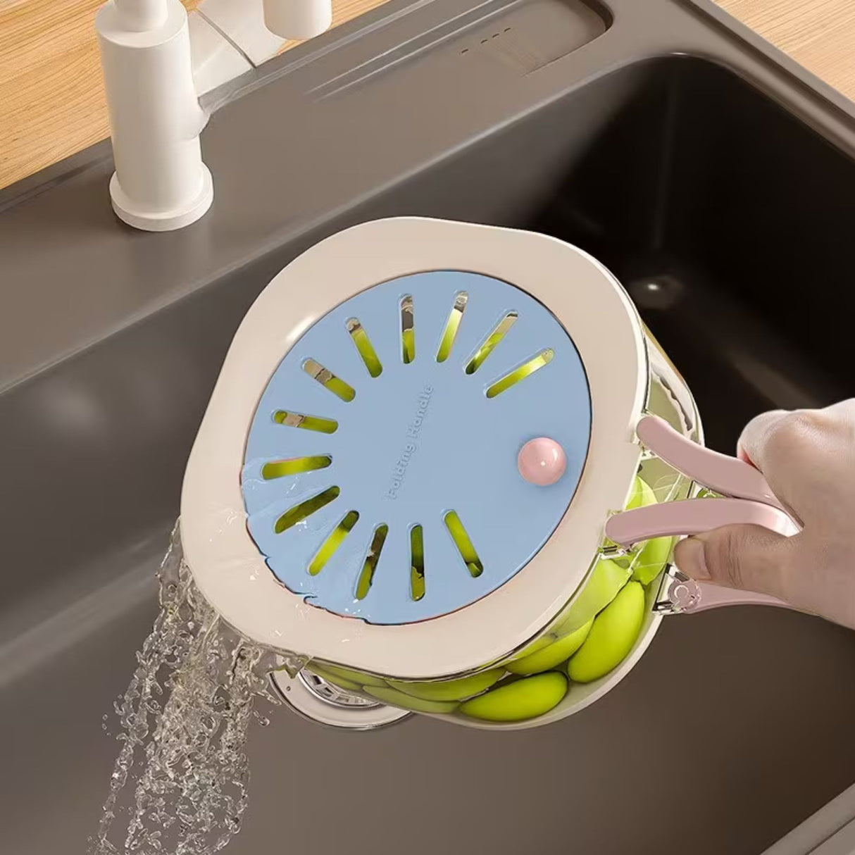 Cos de Scurgere pentru Fructe 2 in 1, Flippy, din Plastic durabil, Filtru Telescopic, Scurgator de Fructe si Legume, pentru uz Casnic, 15 x 15 x 8.5 cm, Albastru/Bej - vivimall.ro