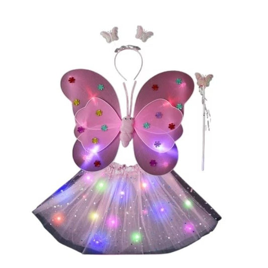 Costum Fluturas cu Aripi Modelabile Luminoase pentru Copii, Vivimall, Fusta din Tul cu Lumini, Bagheta si Bentita, 4 piese, Pentru Halloween, Roleplay, Craciun, Carnaval, Paste, Ziua Copilului, Bumbac/Poliester, Marime universala, Roz - vivimall.ro
