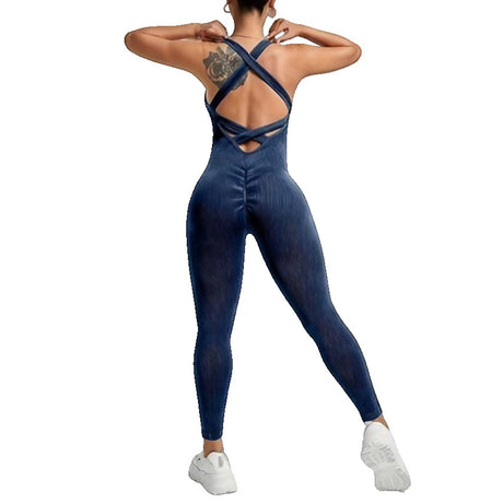 Costum sport damă albastru marin Vivimall one piece pentru yoga, vedere frontală, mărime L