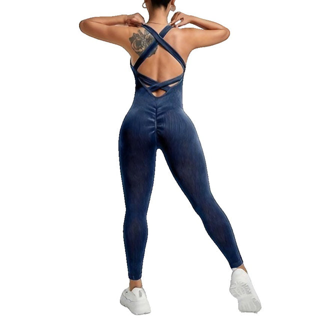 Costum sport damă albastru marin Vivimall one piece pentru yoga, vedere frontală, mărime L