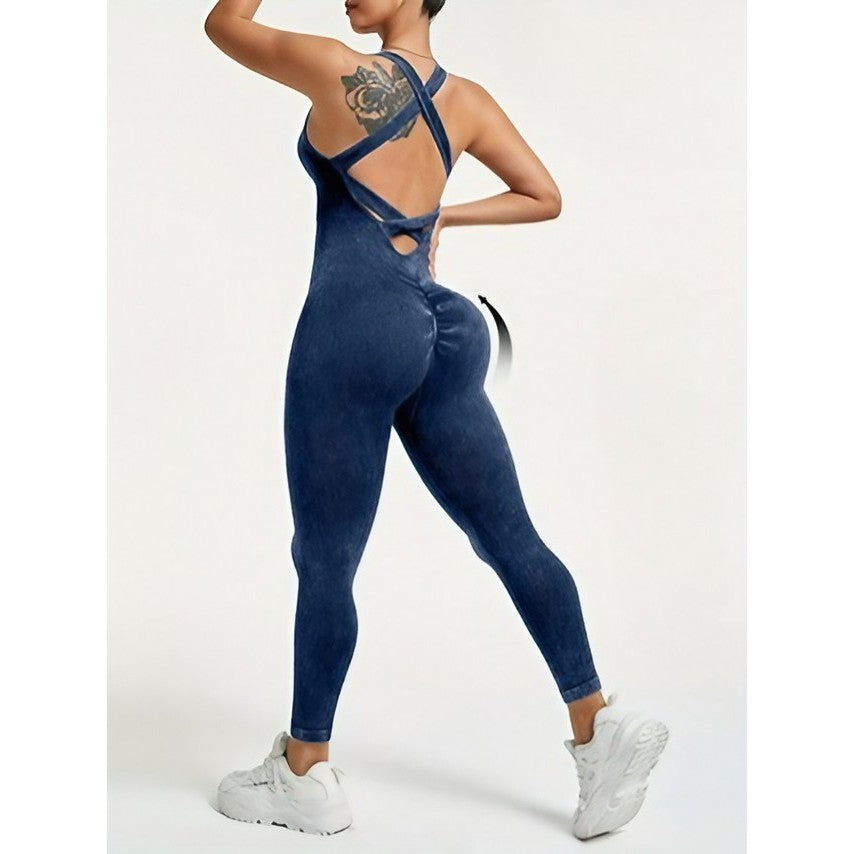 Costum sport damă one piece albastru marin Vivimall, imagine lifestyle antrenament yoga, model M