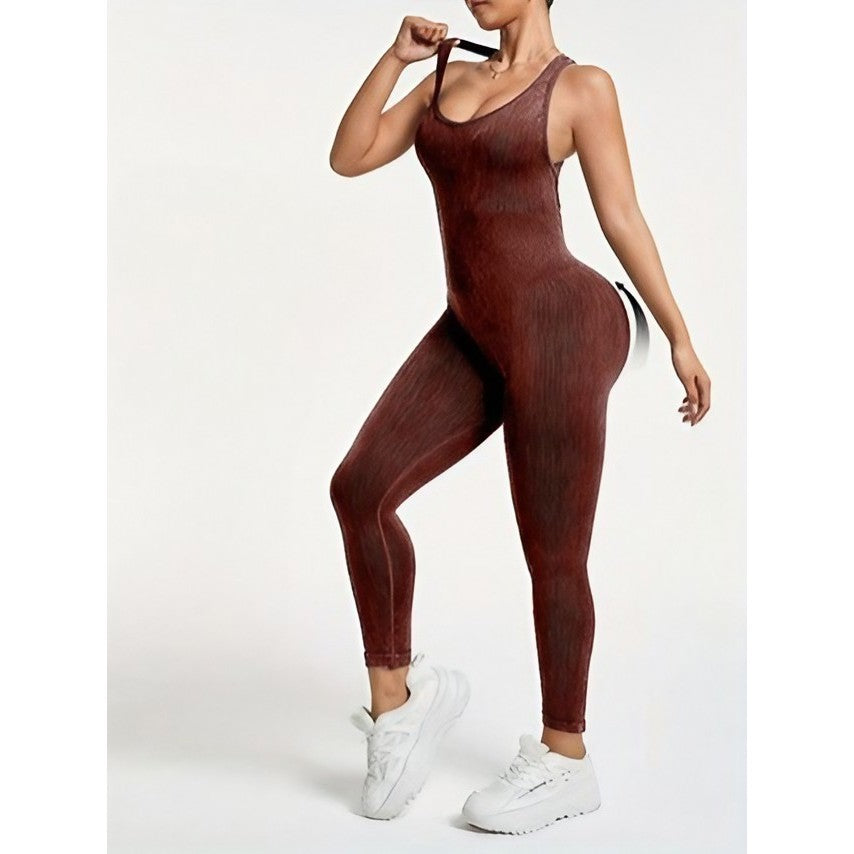 Costum sport elastic fără cusături Vivimall, nuanță maro închis, lifestyle antrenament yoga, mărime L