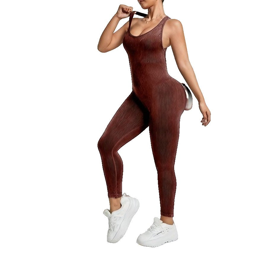 Costum sport damă Vivimall One Piece maro închis, vedere frontală, croială cu talie definită, mărime L