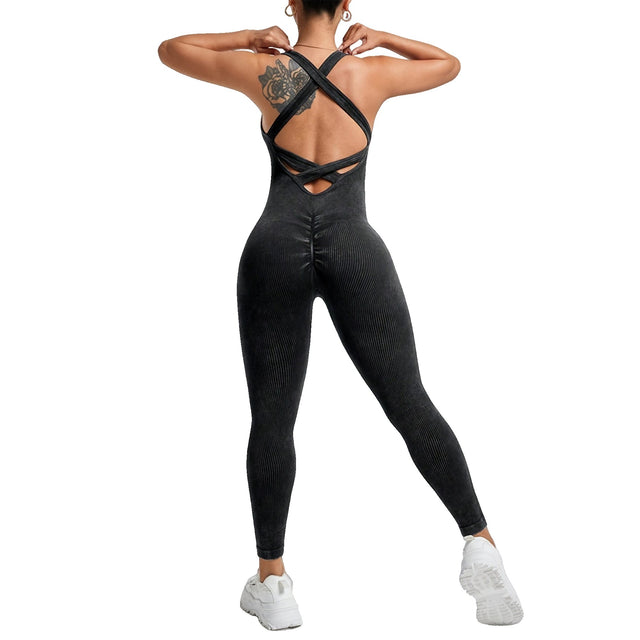 Costum sport damă Vivimall One Piece negru, vedere frontală, croială cu talie definită și bretele în formă de U
