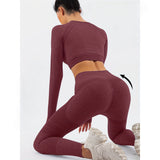 Detaliu colanți talie înaltă fără cusături, costum sport damă Vivimall, material nailon spandex, culoare burgundy