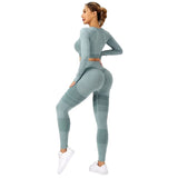 Costum sport damă verde mentă Vivimall, set 2 piese top scurt și colanți talie înaltă, vedere frontală