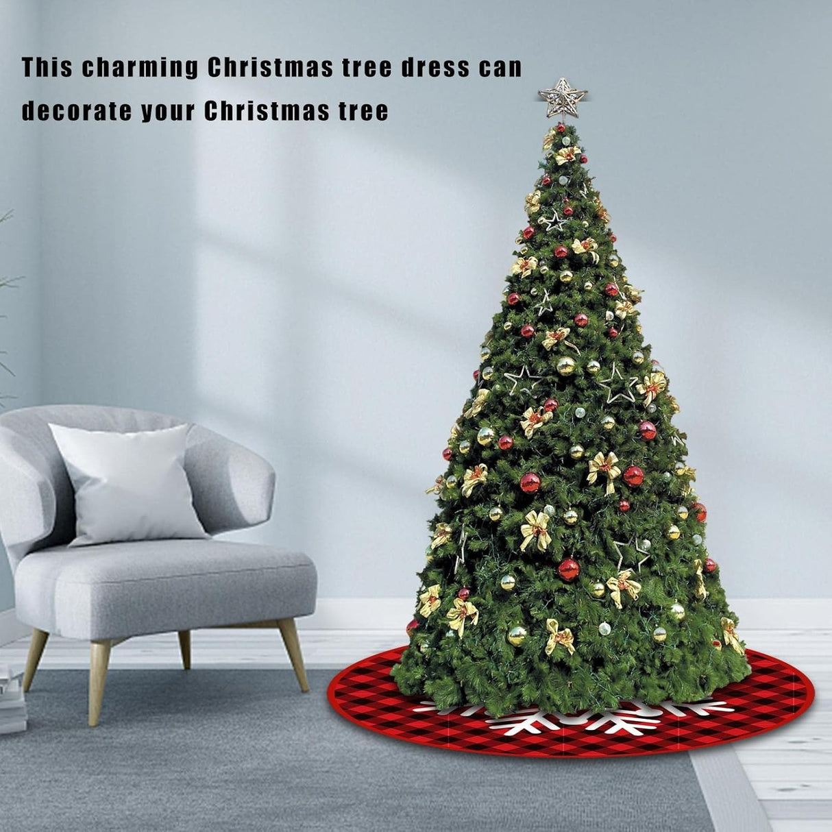 Covoras Pentru Bradul De Craciun, Din Tesatura Pufoasa, Cu Fundite De Prindere, Carouri Rosu/, Diametru 90 Cm - vivimall.ro
