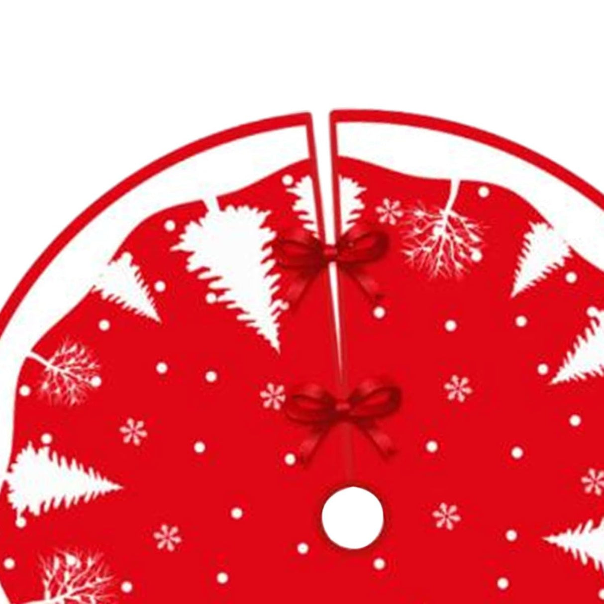 Covoras pentru Bradul de Craciun, Vivimall, din Tesatura Pufoasa, cu Fundite de Prindere, Model Brazi, Rosu/Alb, Diametru 90 cm - vivimall.ro