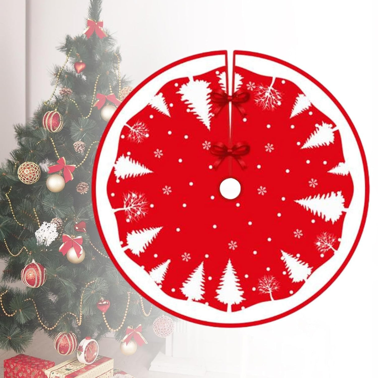 Covoras Pentru Bradul De Craciun, Din Tesatura Pufoasa, Cu Fundite De Prindere, Rosu/, Diametru 90 Cm - vivimall.ro