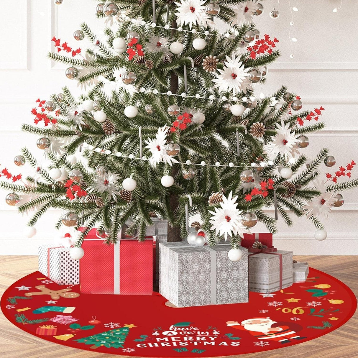 Karácsonyfa díszszőnyeg, bolyhos anyagból, masnikkal, 90 cm átmérőjű