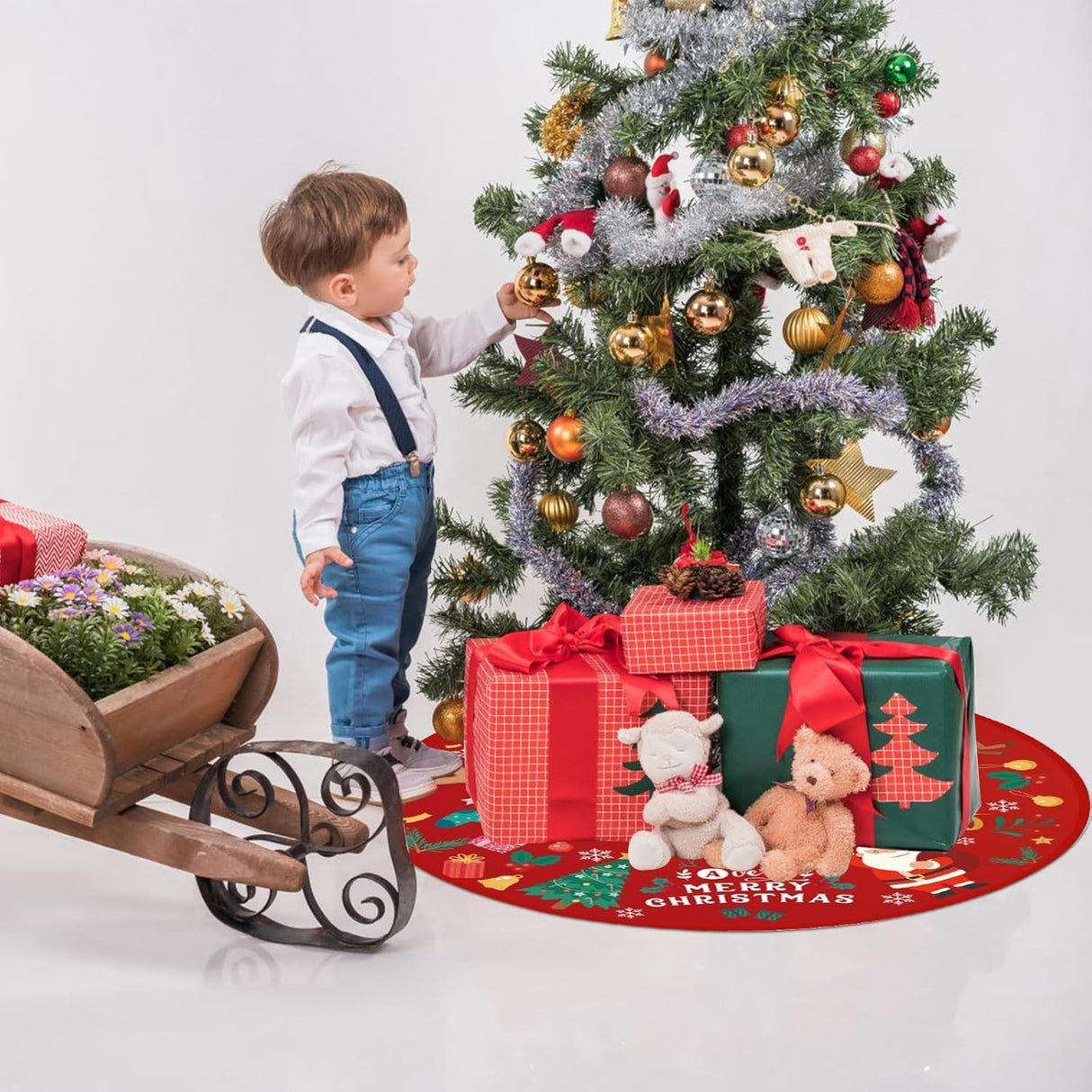 Karácsonyfa díszszőnyeg, bolyhos anyagból, masnikkal, 90 cm átmérőjű