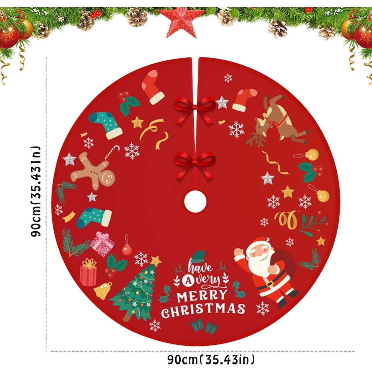 Karácsonyfa díszszőnyeg, bolyhos anyagból, masnikkal, 90 cm átmérőjű