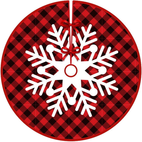 Covoras pentru Bradul de Craciun, Vivimall, din Tesatura Pufoasa, cu Fundite de Prindere, Model Fulg de Nea, Carouri Rosu/Negru, Diametru 90 cm - vivimall.ro