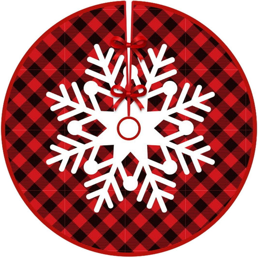 Covoras pentru Bradul de Craciun, Vivimall, din Tesatura Pufoasa, cu Fundite de Prindere, Model Fulg de Nea, Carouri Rosu/Negru, Diametru 90 cm - vivimall.ro