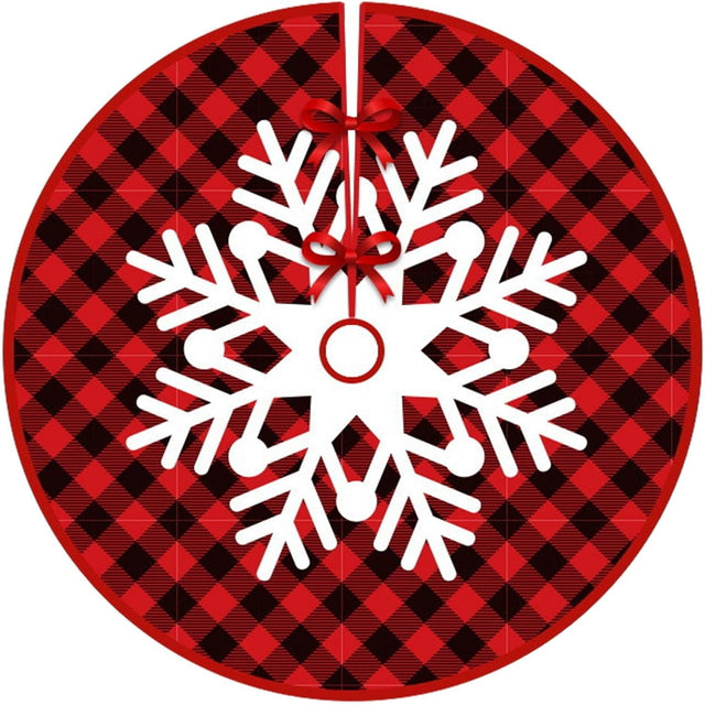 Covoras pentru Bradul de Craciun, Vivimall, din Tesatura Pufoasa, cu Fundite de Prindere, Model Fulg de Nea, Carouri Rosu/Negru, Diametru 90 cm - vivimall.ro