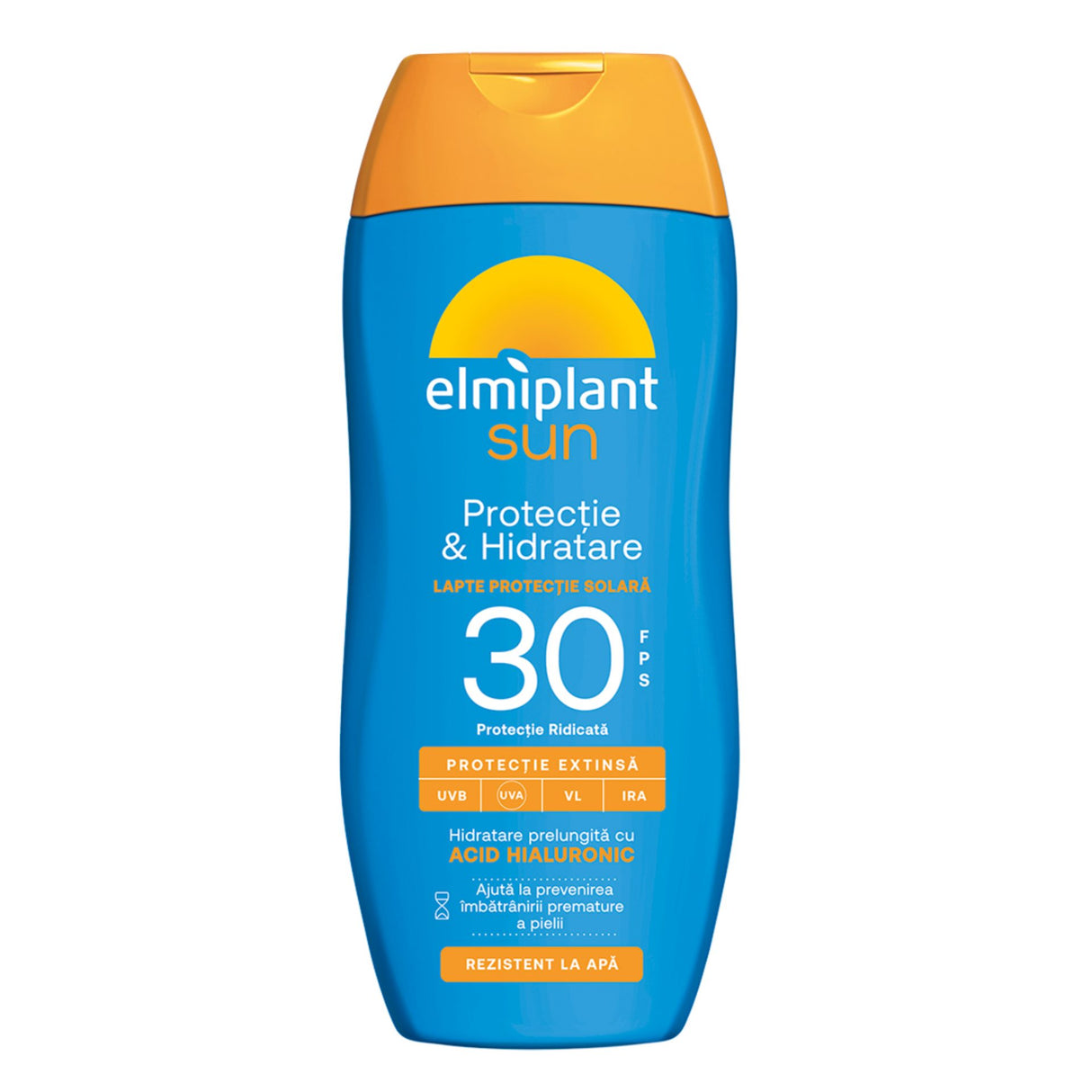 Lapte solar Elmiplant Sun SPF 30 cu acid hialuronic, flacon 200 ml, protecție UVA și UVB, vedere frontală