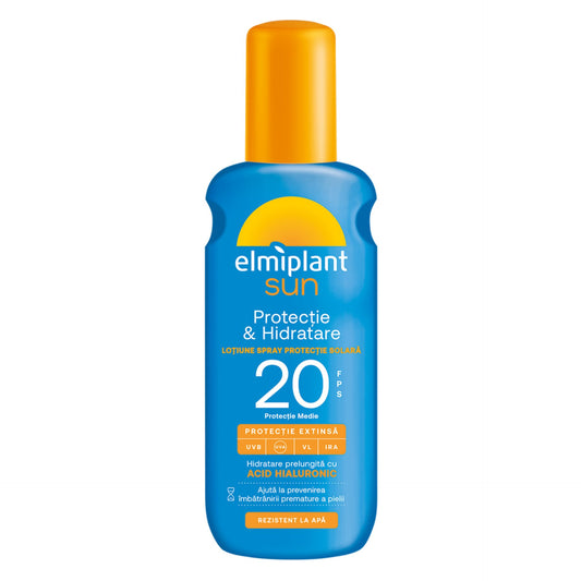 Crema de Soare, Lotiune Spray Pentru Protectie Solara, Elmiplant Sun, Protectie si Hidratare cu Acid Hialuronic, SPF 20, 200 ml - vivimall.ro