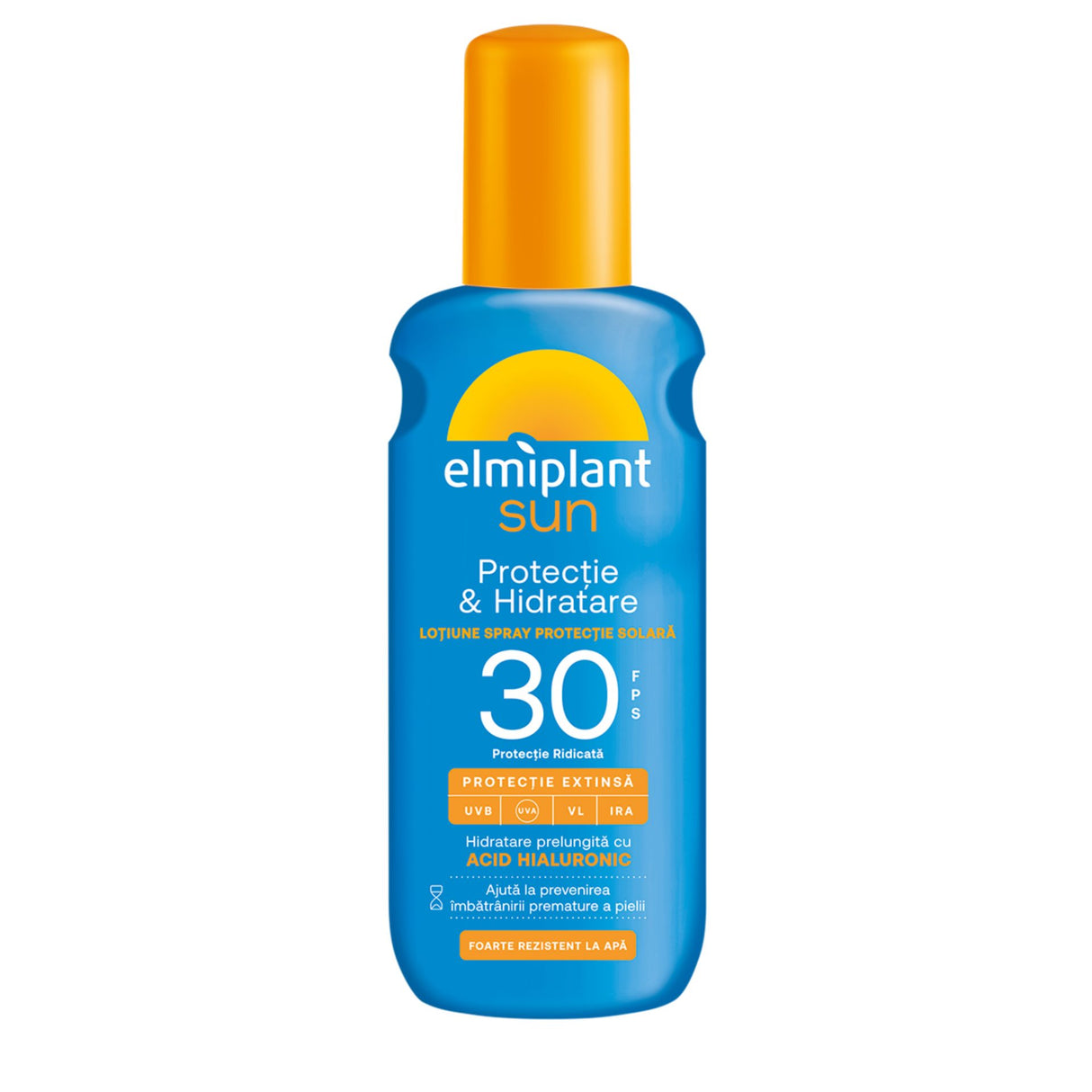 Lotiune spray protecție solară Elmiplant Sun SPF 30 cu acid hialuronic, flacon 200 ml, vedere frontală