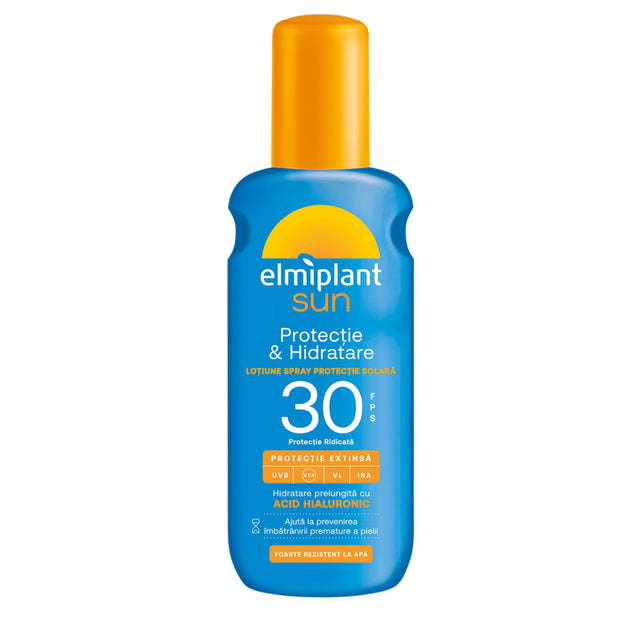 Lotiune spray protecție solară Elmiplant Sun SPF 30 cu acid hialuronic, flacon 200 ml, vedere frontală
