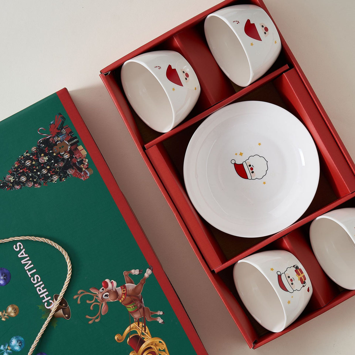Set Vesela Festiva, Flippy, Tema Craciun, 4 x Boluri 300 ml, 2 x Farfurii 18 x 3.4 cm, din Ceramica, Model 1, Multicolor - vivimall.ro