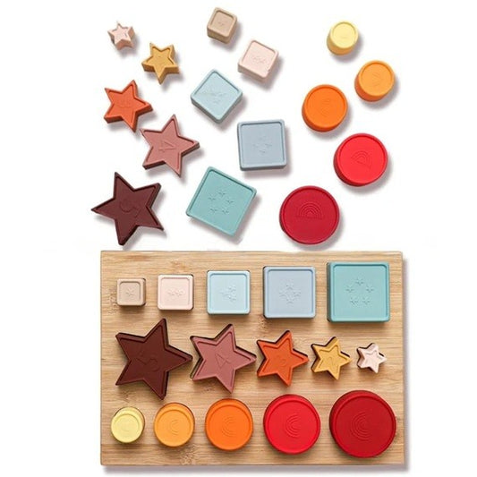 Jucarie Educativa, Vivimall, +12 Luni, Tip Montessori, din Lemn si Silicon, Forme Geometrice Stivuibile, 15 Piese, 27 x 19 cm, Multicolor - vivimall.ro