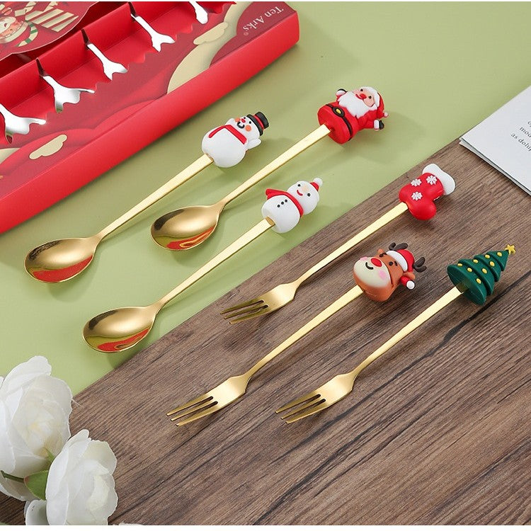 Set 4 Tacamuri, Flippy, Tema Craciun, 2 Linguri + 2 Furculite, cu Figurine, din Otel Inoxidabil, Cutie Cadou, 19 x 15 x 2.2 cm, Auriu - vivimall.ro