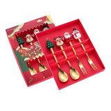 Set 4 Tacamuri, Flippy, Tema Craciun, 2 Linguri + 2 Furculite, cu Figurine, din Otel Inoxidabil, Cutie Cadou, 19 x 15 x 2.2 cm, Auriu - vivimall.ro