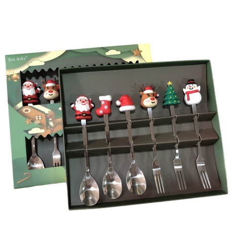 Set 6 Tacamuri, Flippy, Tema Craciun, 3 Linguri + 3 Furculite, cu Figurine, din Otel Inoxidabil, Cutie Cadou, 19 x 22 x 2.2 cm, Argintiu - vivimall.ro