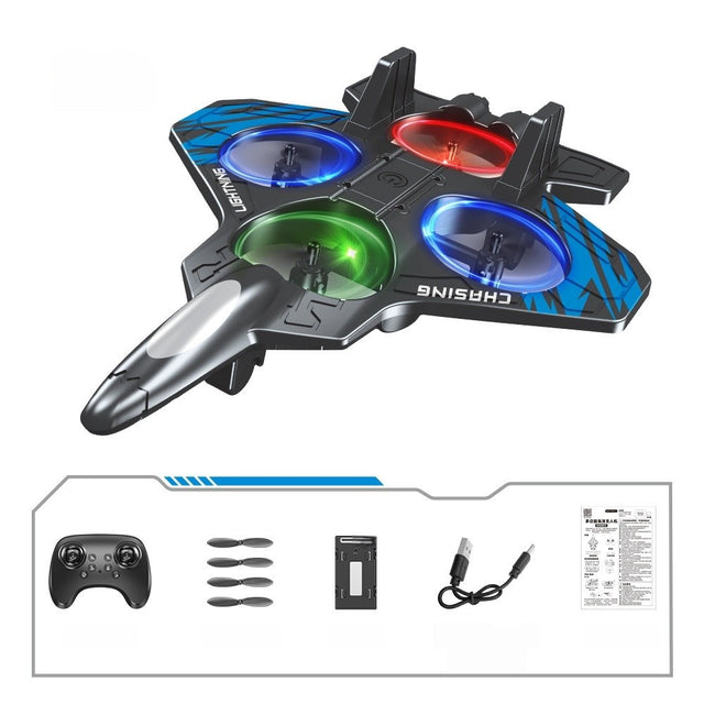 Jucarie Aeronava de Lupta, Vivimall, Rezistent, Incarcare USB, cu Telecomanda, Lumini, Negru-Albastru - vivimall.ro