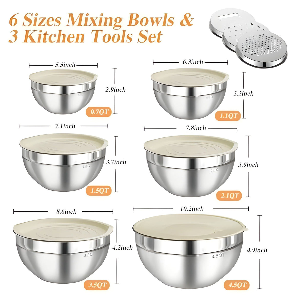 Set 6 Boluri pentru Mixare si Depozitare, Flippy, Inox Premium , Capace Ermetice, 3 Accesorii Razuire si Feliere, Interior Gradat, Design Nestable, Argintiu - vivimall.ro