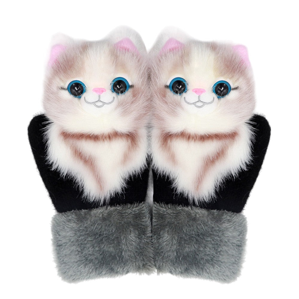 Manusi de Plus pentru Copii, Vivimall, de Iarna, Groase, Moi, Calduroase, Model Animat Pisica Crem - vivimall.ro