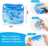 Cub antistres Flippy comprimabil cu revenire lentă, design gheață albastru, perspectivă laterală