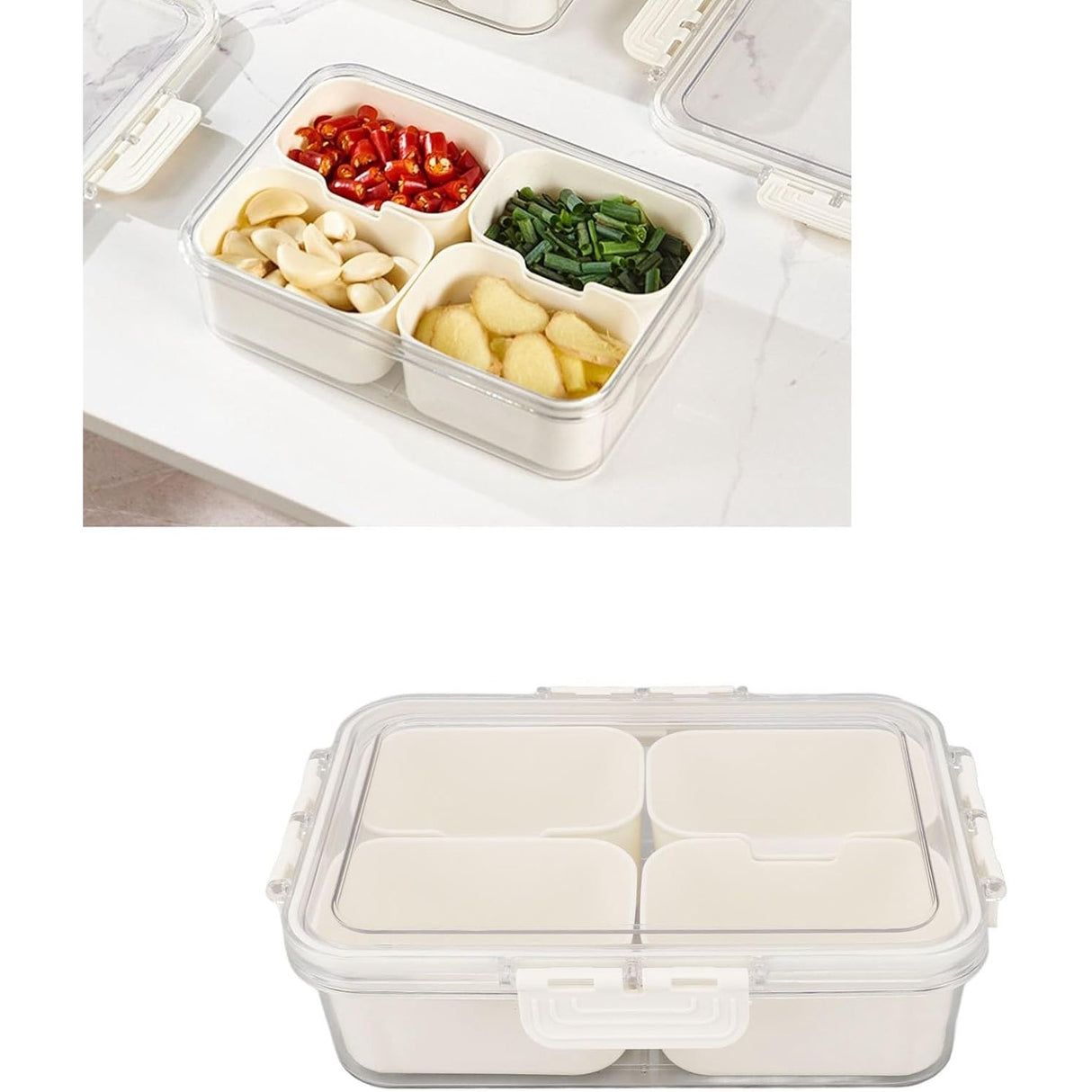 Cutie Alimentara Multifunctionala, Vivimall, pentru Condimente, Gustari,  Inchidere Etans, cu Capac si Maner, 4 Compartimente, 25 x 8 x 18 cm, Alb - vivimall.ro