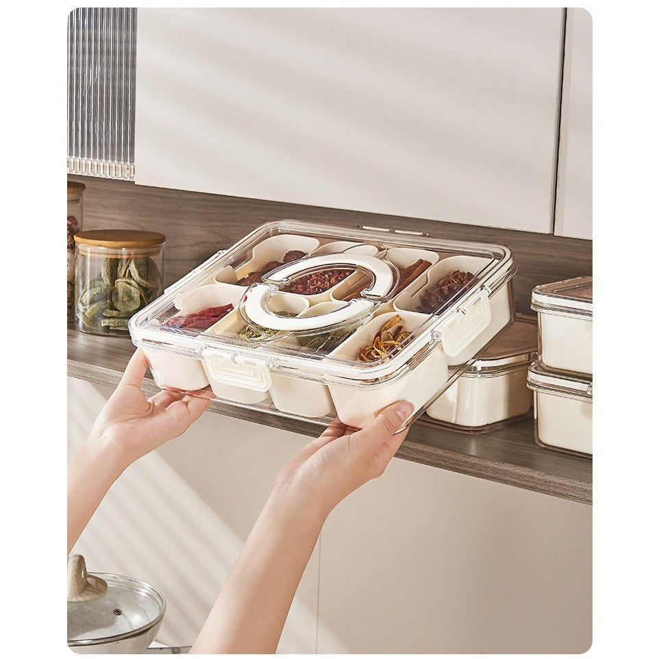 Cutie Alimentara Multifunctionala, Vivimall, pentru Condimente, Gustari,  Inchidere Etans, cu Capac si Maner, 8 Compartimente, 32 x 8 x 25 cm, Alb - vivimall.ro