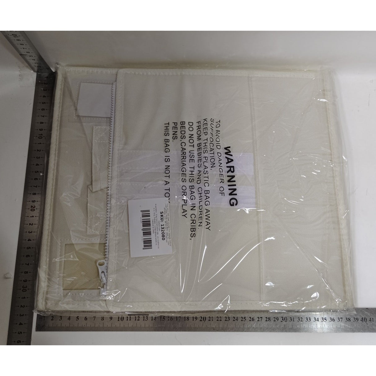 Cutie Depozitare Lenjerii de Pat, Vivimall, Pliabila, Capacitate 18l, 38x33x12 cm, din Panza Oxford cu PP Incorporat, Fereastra Vizibila, Alb Ivoir - vivimall.ro