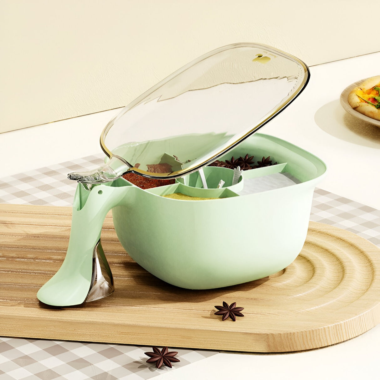 Cutie de Depozitare a Condimentelor, Vivimall, de Uz Casnic, cu Maner Stabil, cu Capac, 4 Compartimente Principale, 21 x 14 x 10 cm, Verde - vivimall.ro