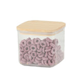 Cutie de Depozitare Alimente, Vivimall, Cutie de tip Container, Cutie pentru Cereale, din Plastic, Capac din Bambuc, 10 x 10 x 8 cm, Volum 0.5 L, Transparenta - vivimall.ro