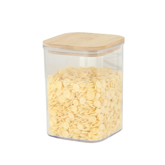 Cutie de Depozitare Alimente, Vivimall, Cutie de tip Container, Cutie pentru Cereale, din Plastic, Capac din Bambuc, 10 x 10 x 14 cm, Volum 0.8 L, Transparent - vivimall.ro